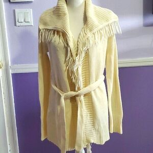 HOST PICK Boho Cream Fringed Long Sleeve Belted Knitted Cardigan Sweater M